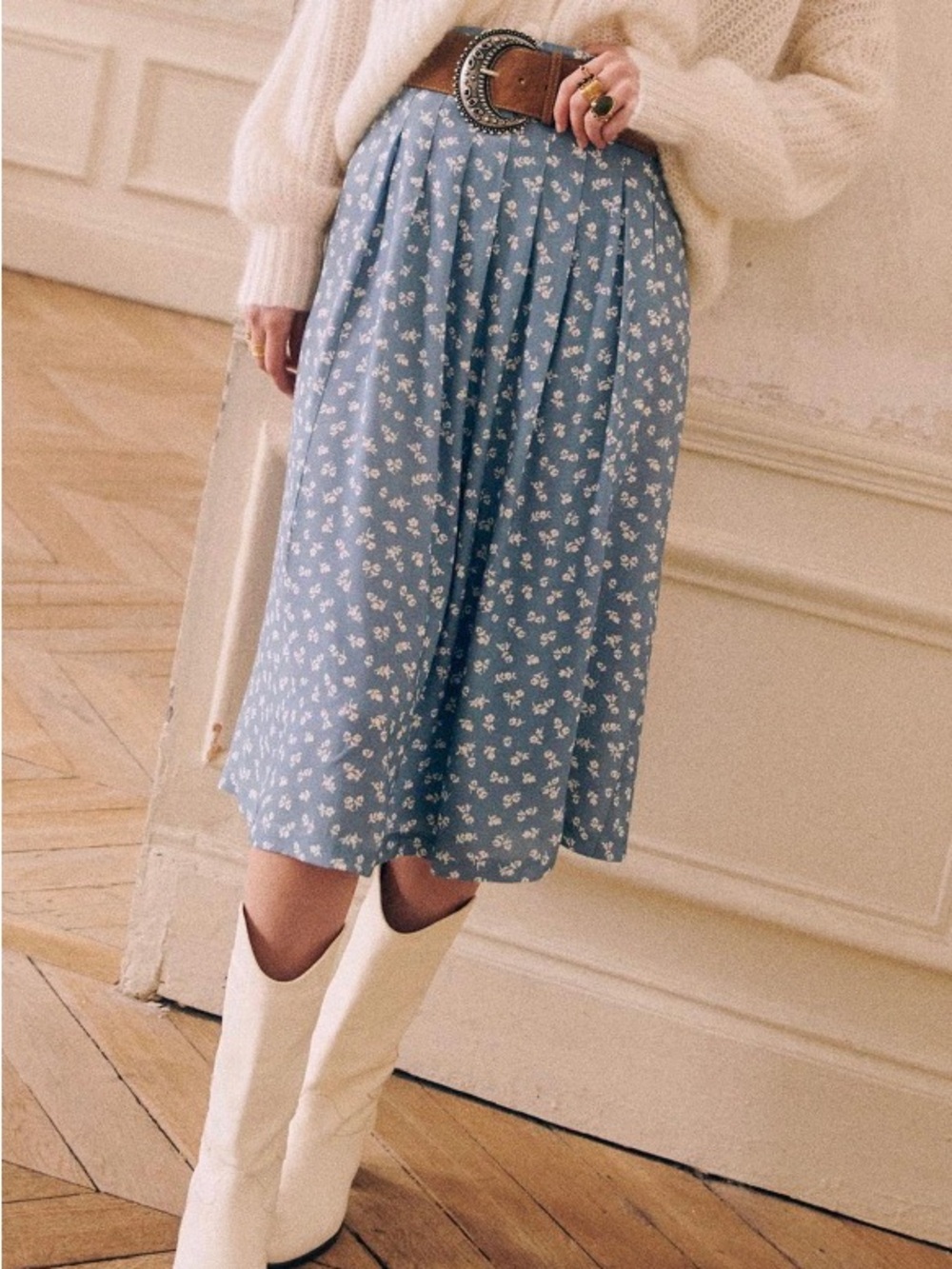 Sezane Sky Blue Floral Pleated Midi Skirt